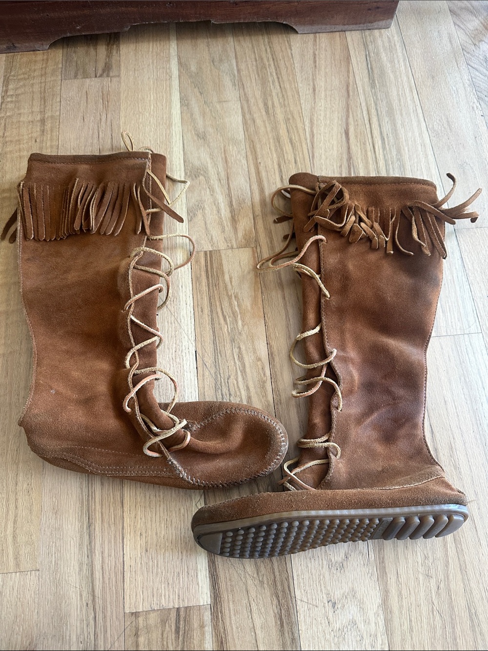 Minnetonka Brown Fringe Suede Knee-High Moccasin Boots